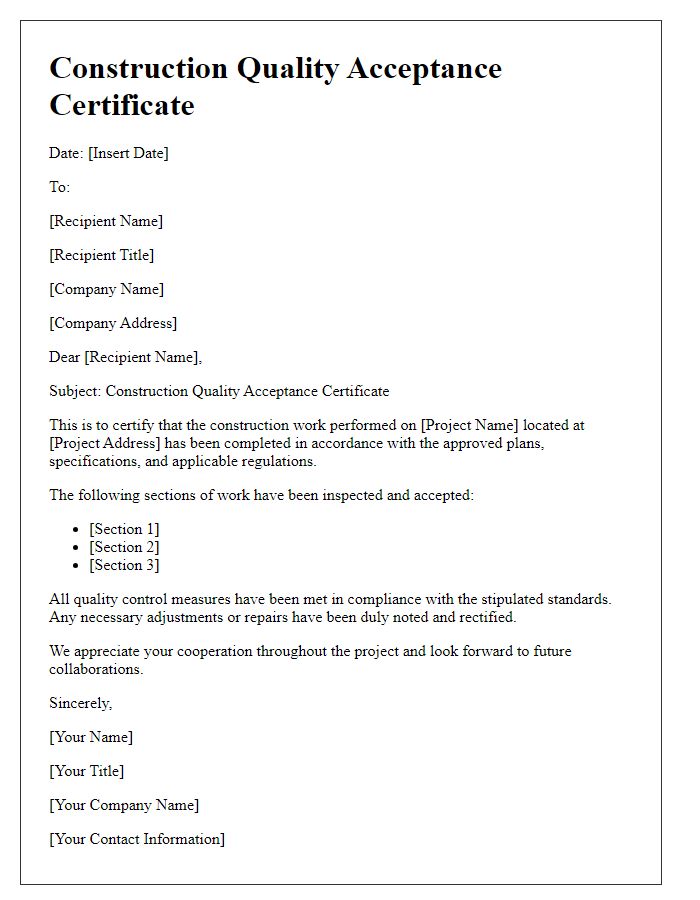 Letter template of Construction Quality Acceptance Certificate