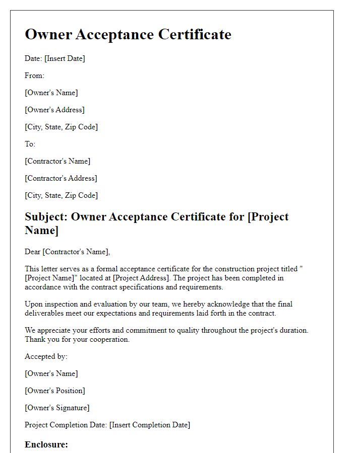 Letter template of Owner Acceptance Certificate for Construction Project