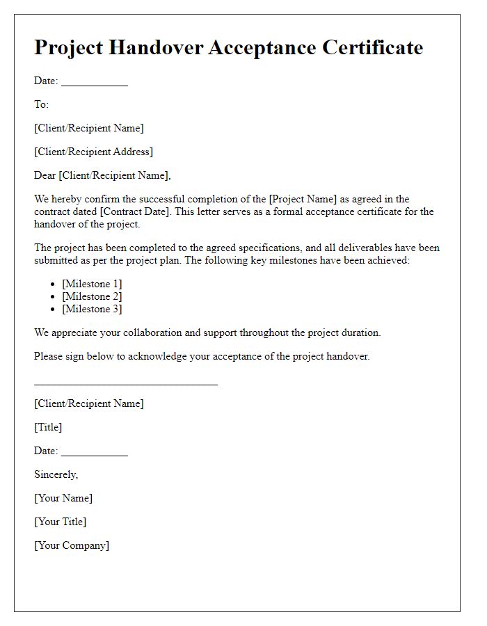 Letter template of Project Handover Acceptance Certificate