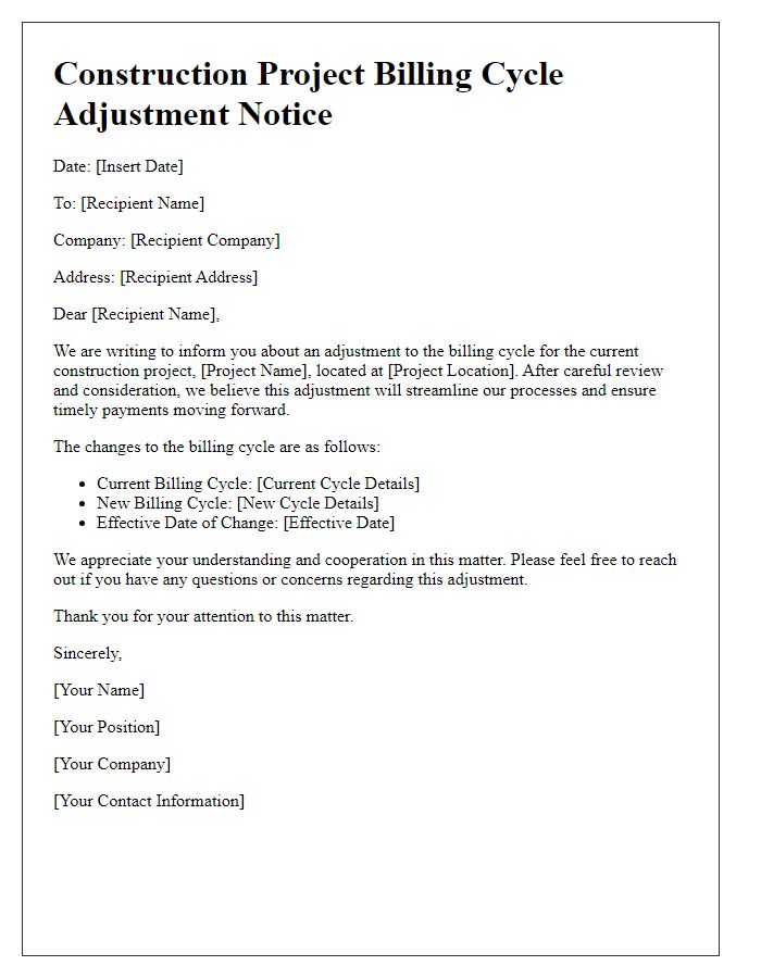 Letter template of construction project billing cycle adjustment