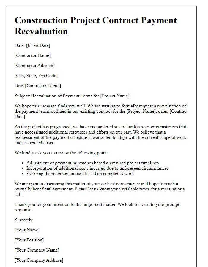 Letter template of construction project contract payment reevaluation