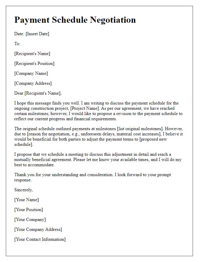 Letter template of construction project payment schedule negotiation