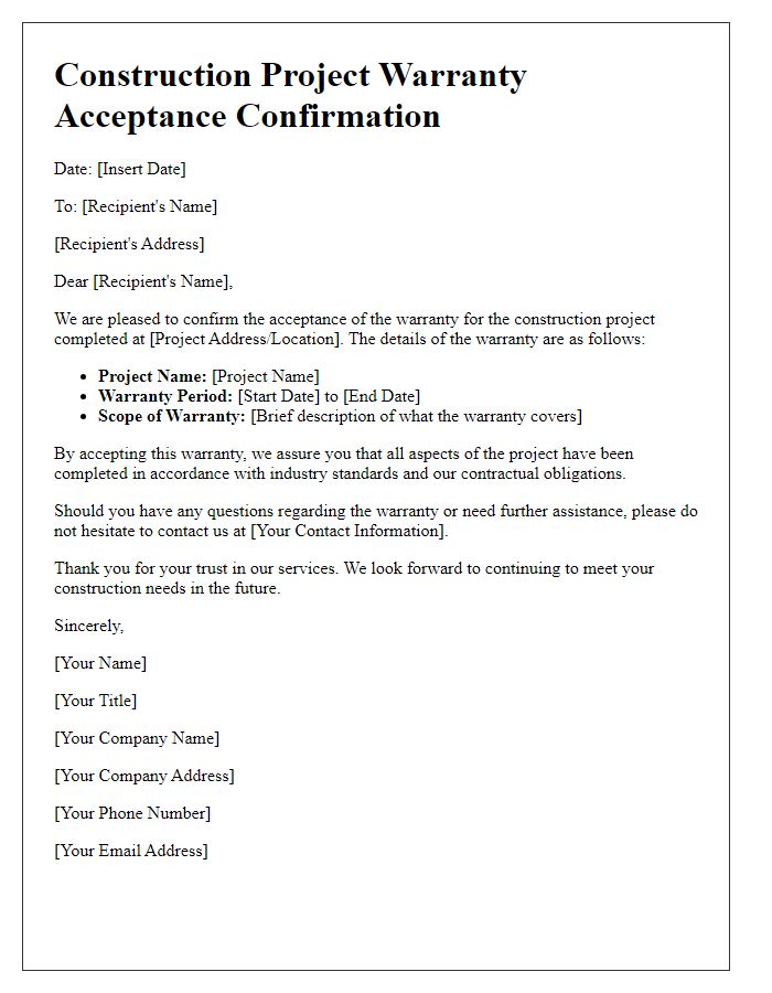 Letter template of construction project warranty acceptance confirmation.