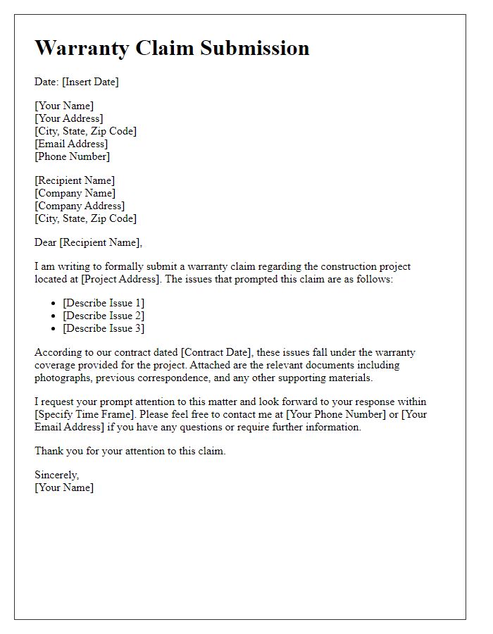 Letter template of construction project warranty claim submission.