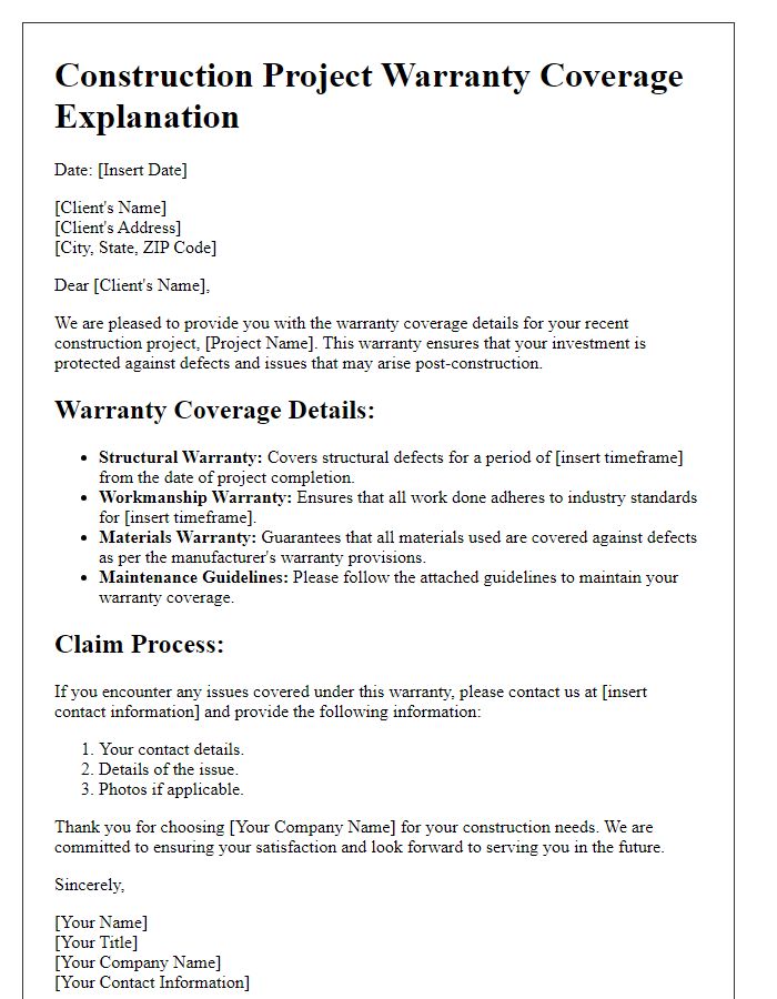 Letter template of construction project warranty coverage explanation.