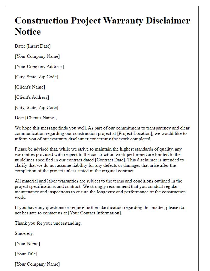 Letter template of construction project warranty disclaimer notice.