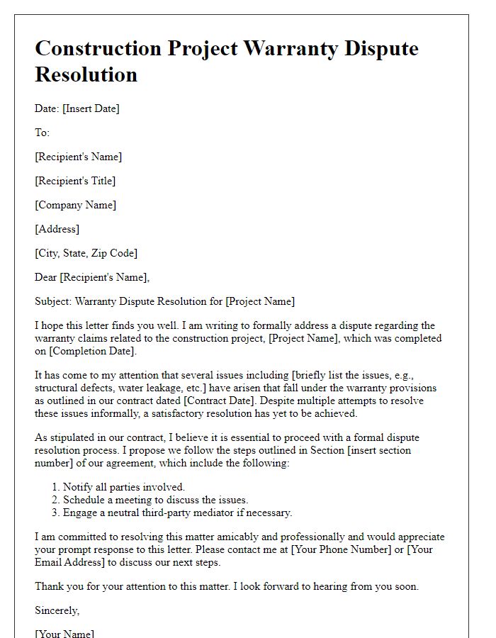 Letter template of construction project warranty dispute resolution.