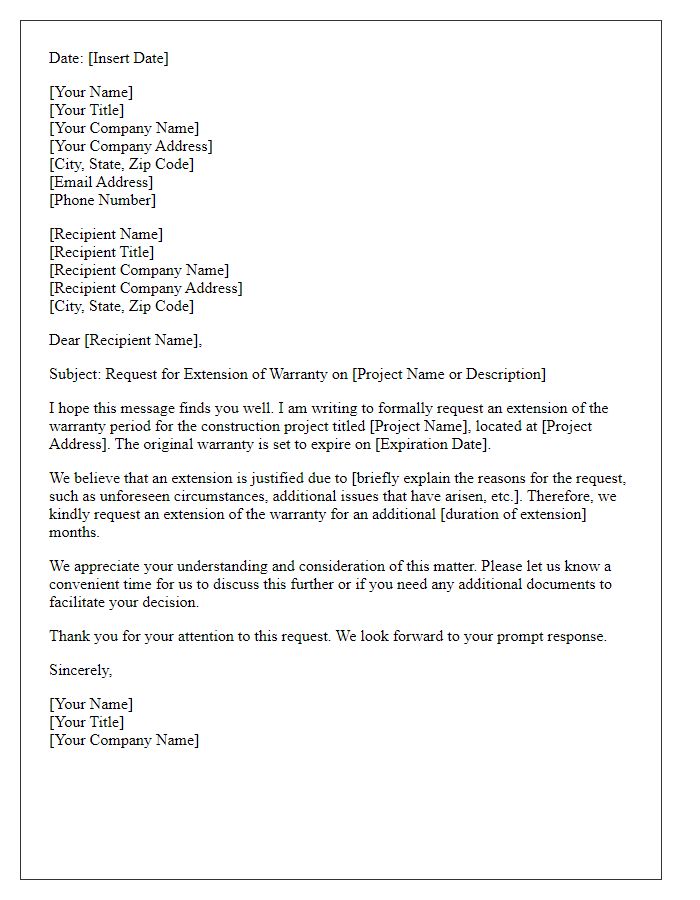 Letter template of construction project warranty extension request.