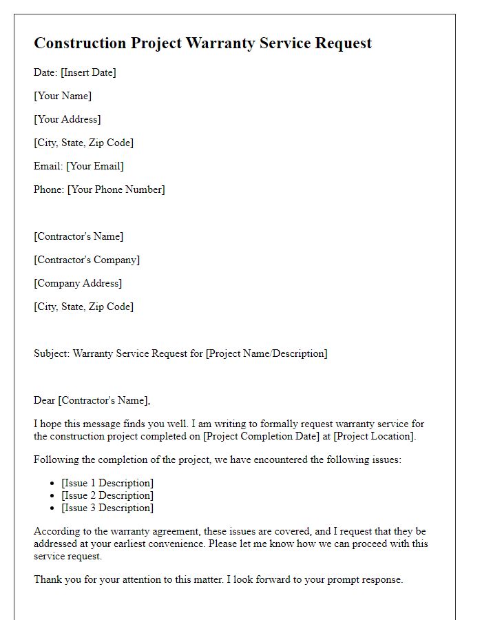 Letter template of construction project warranty service request.