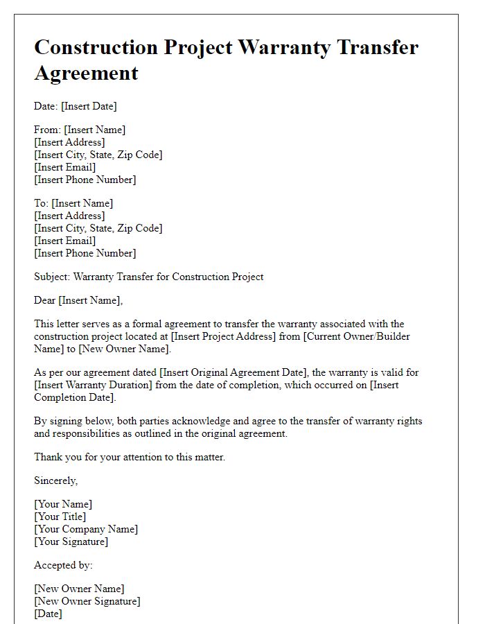 Letter template of construction project warranty transfer agreement.