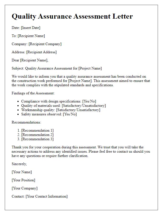 Letter template of construction work quality assurance assessment