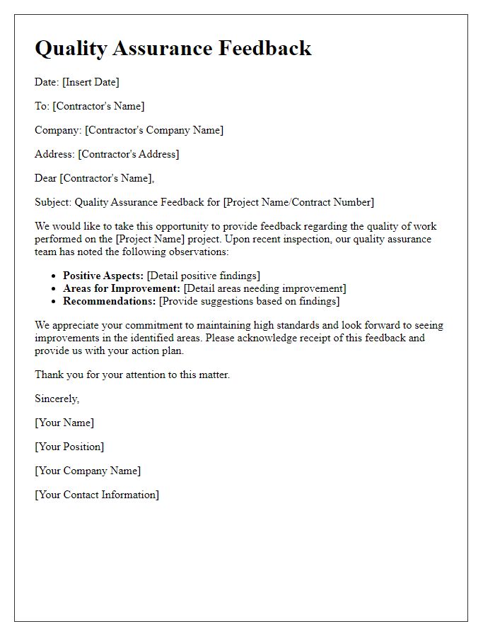 Letter template of construction work quality assurance feedback