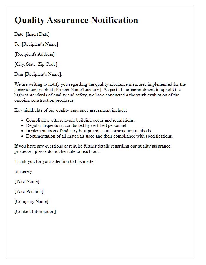 Letter template of construction work quality assurance notification