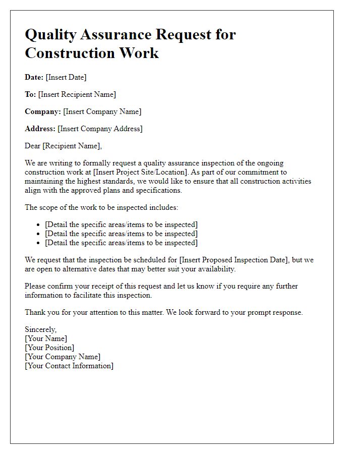 Letter template of construction work quality assurance request