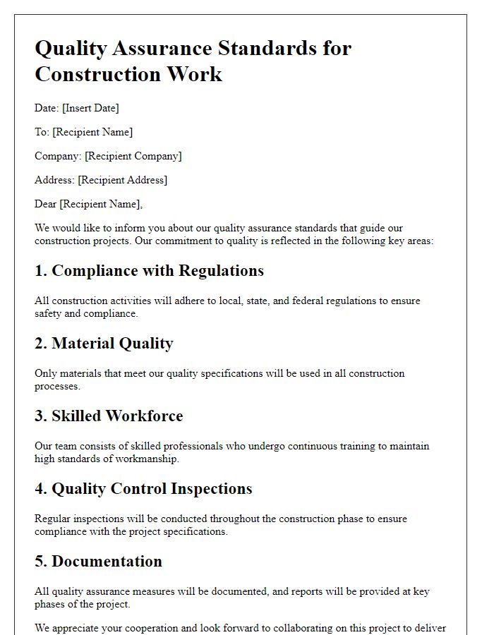 Letter template of construction work quality assurance standards