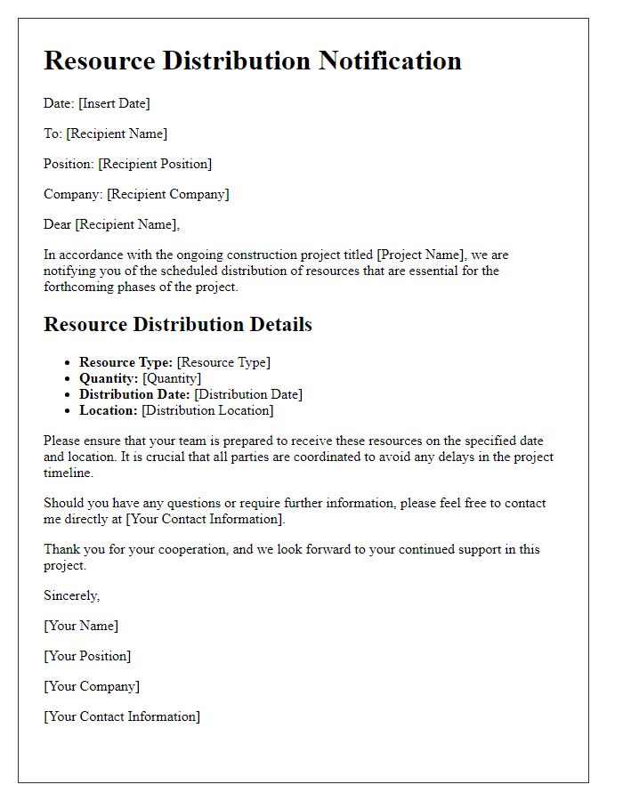 Letter template of construction project resource distribution