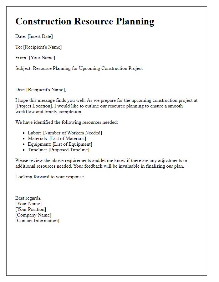 Letter template of construction resource planning