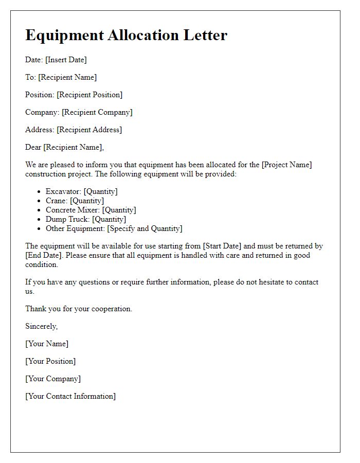 Letter template of equipment allocation for construction projects