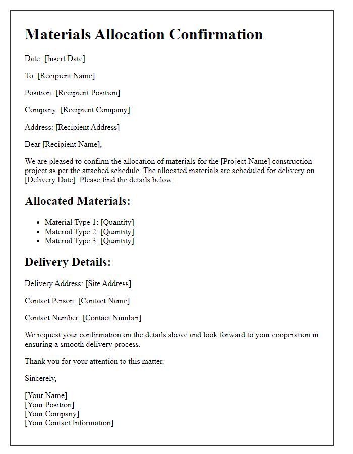 Letter template of materials allocation for construction projects