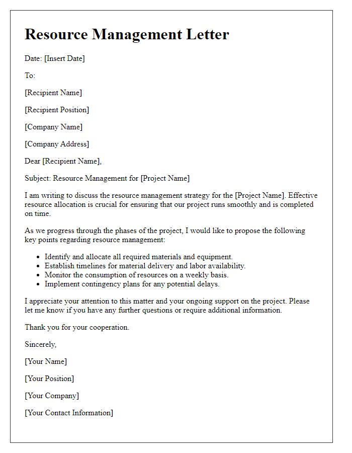 Letter template of resource management for construction projects