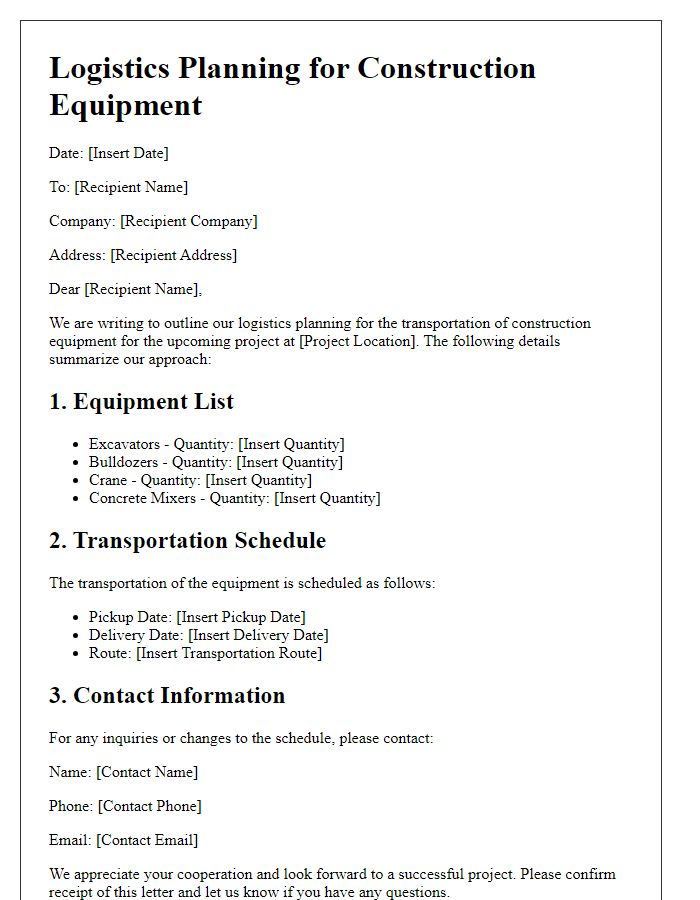 Letter template of construction equipment logistics planning