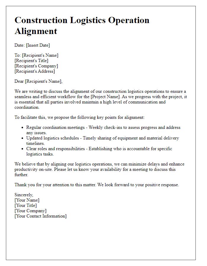 Letter template of construction logistics operation alignment