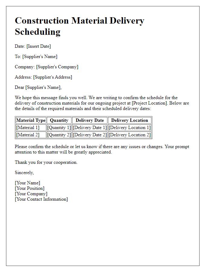 Letter template of construction material delivery scheduling