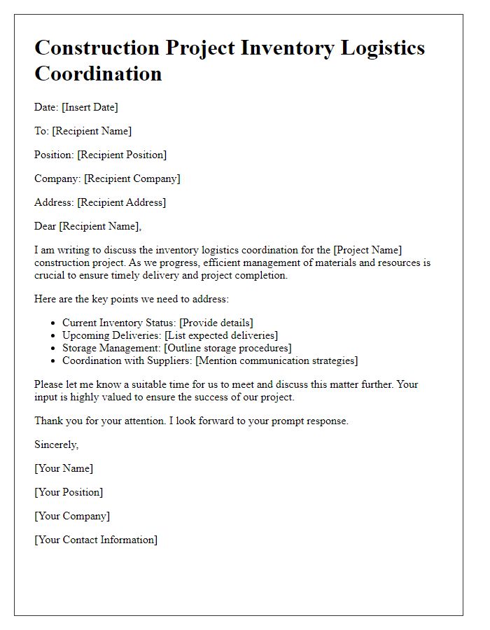 Letter template of construction project inventory logistics coordination