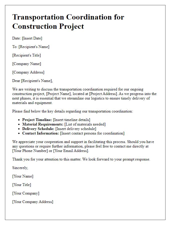 Letter template of construction project transportation coordination