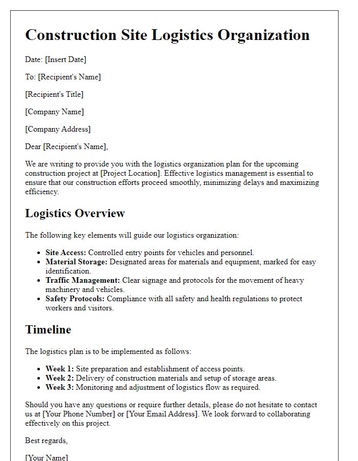 Letter template of construction site logistics organization