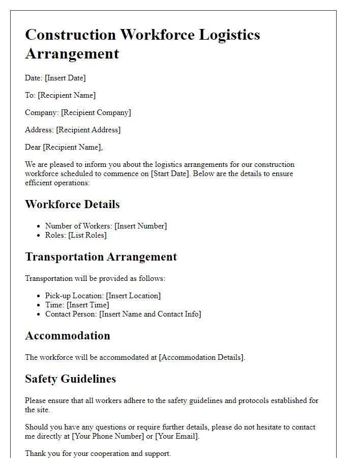 Letter template of construction workforce logistics arrangement