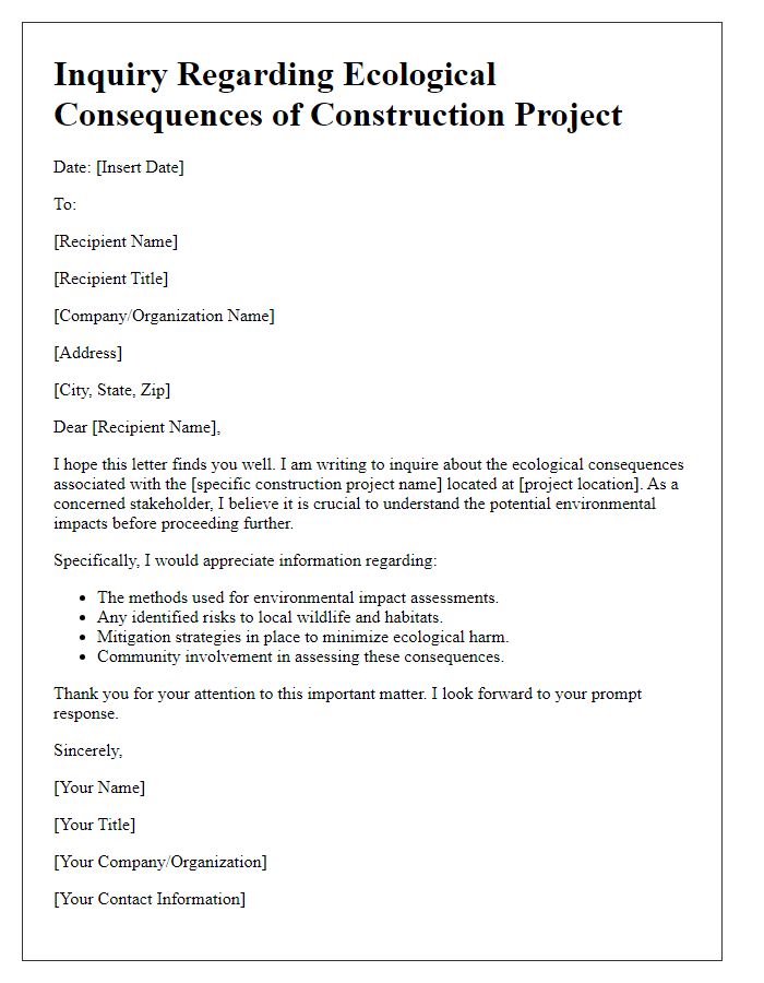 Letter template of construction project ecological consequences inquiry