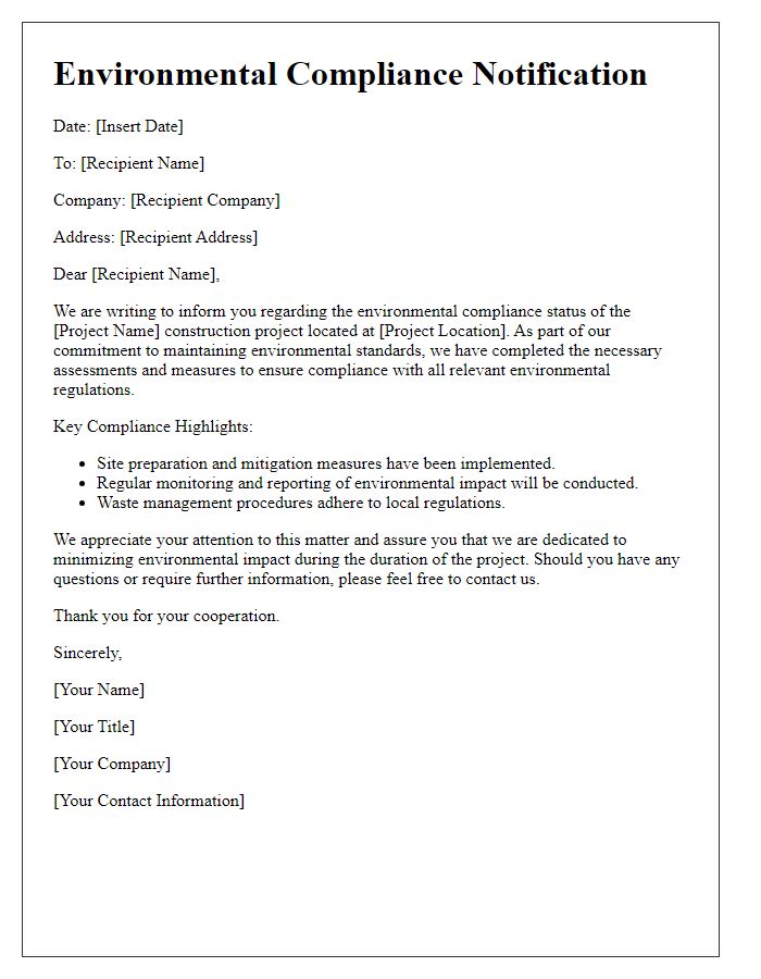 Letter template of construction project environmental compliance notification