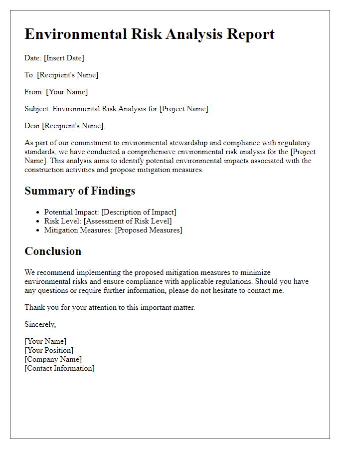 Letter template of construction project environmental risk analysis