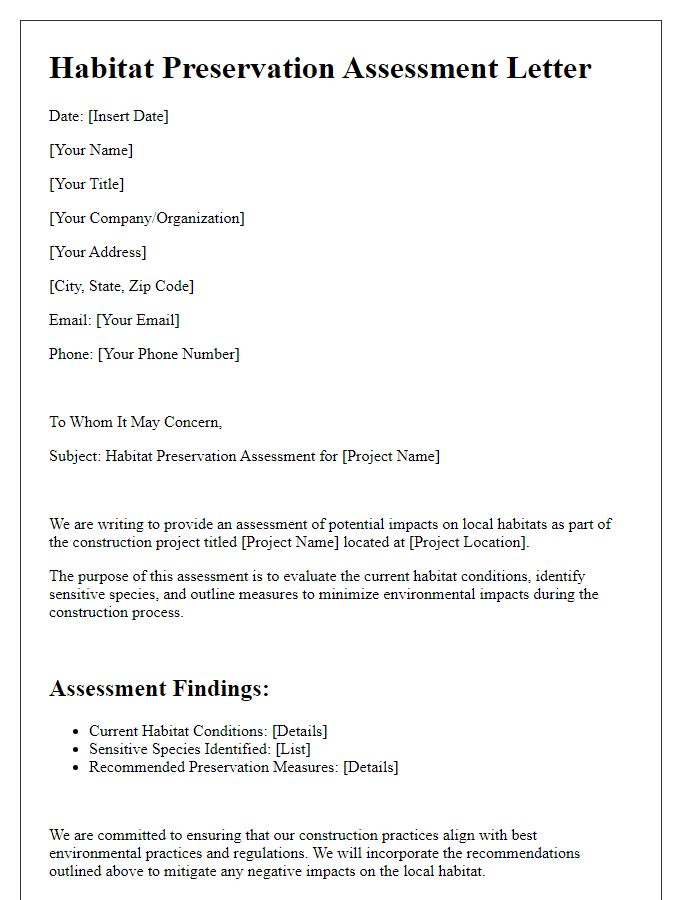 Letter template of construction project habitat preservation assessment