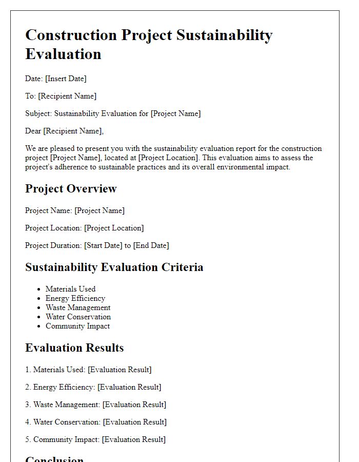 Letter template of construction project sustainability evaluation