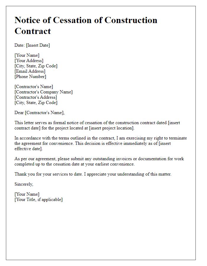 Letter template of construction contract cessation for convenience reasons.