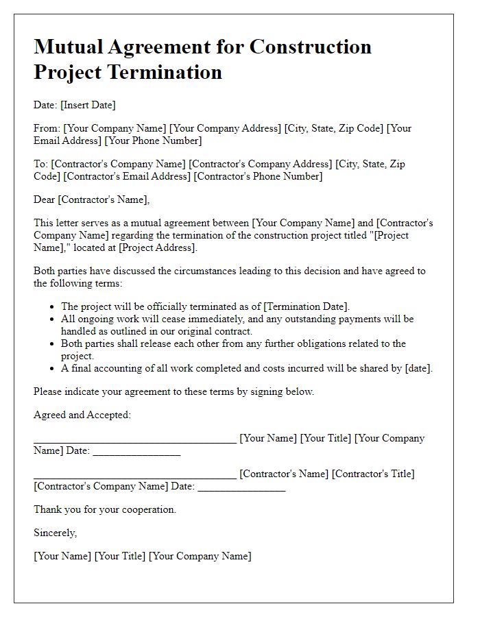 Letter template of mutual agreement for construction project termination.