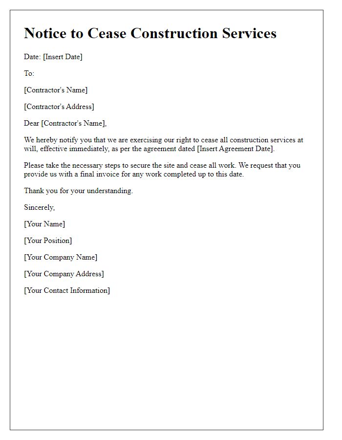 Letter template of notice to cease construction services at will.
