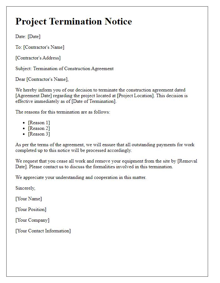 Letter template of project termination notice for construction agreement.