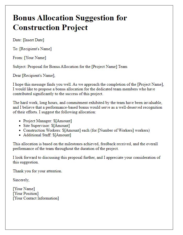 Letter template of construction project bonus allocation suggestion