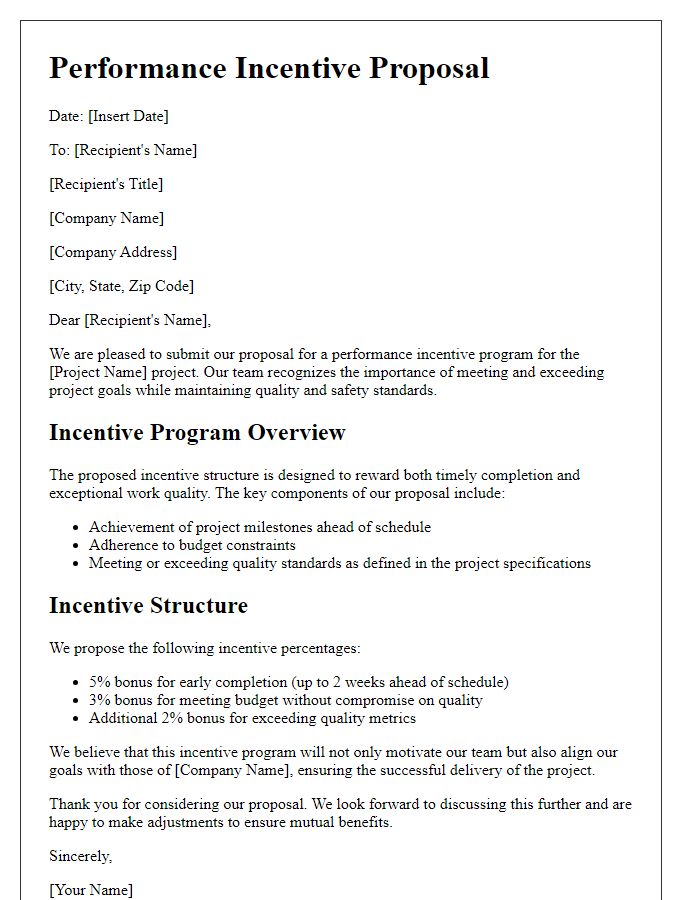 Letter template of construction project performance incentive proposal