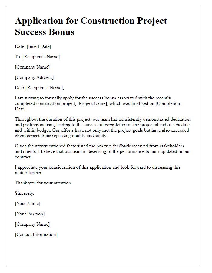 Letter template of construction project success bonus application