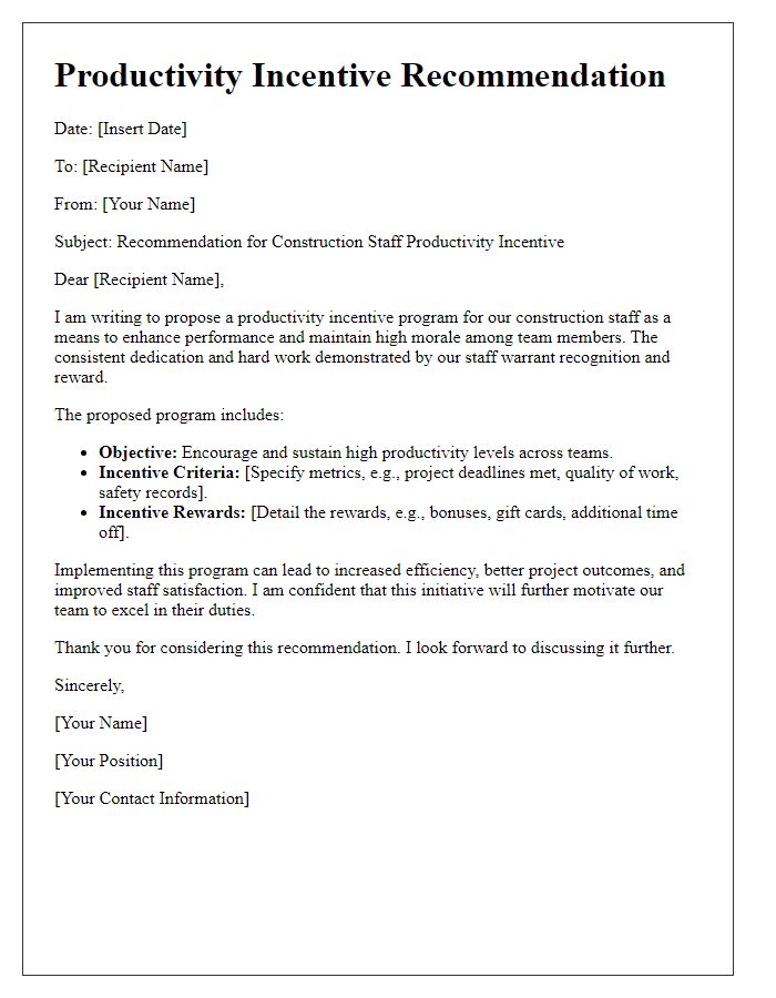 Letter template of construction staff productivity incentive recommendation