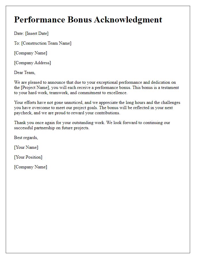 Letter template of construction team performance bonus acknowledgment