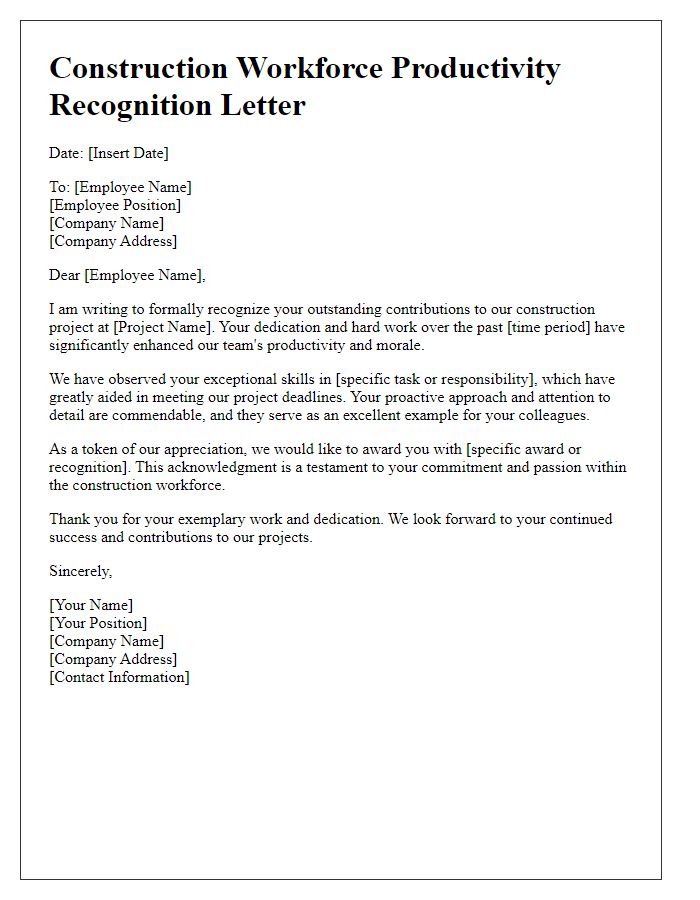 Letter template of construction workforce productivity recognition letter