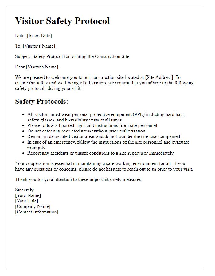 Letter template of construction site safety protocol for visitors.