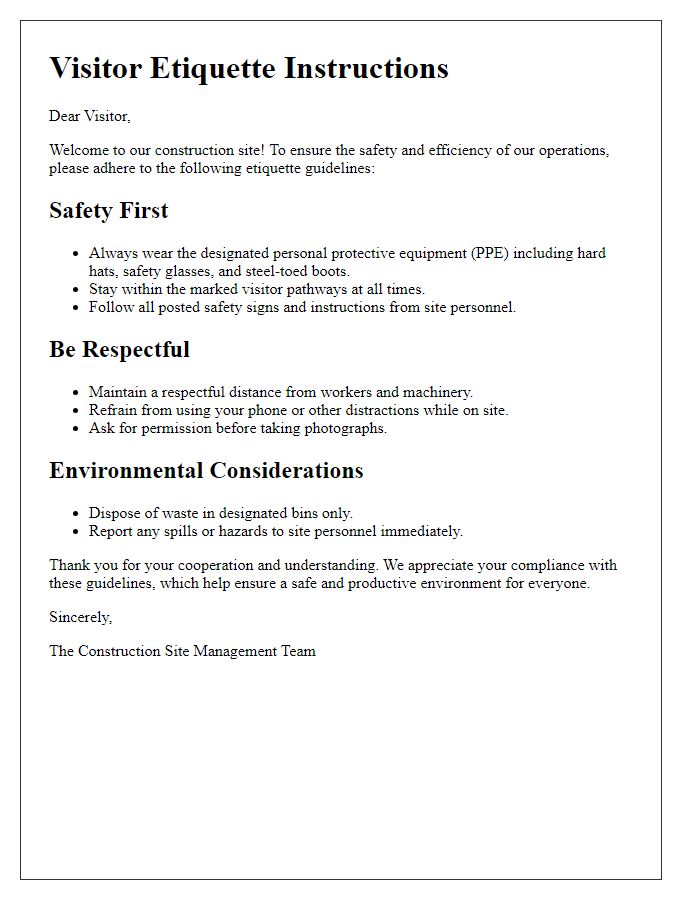 Letter template of construction site visitor etiquette instructions.