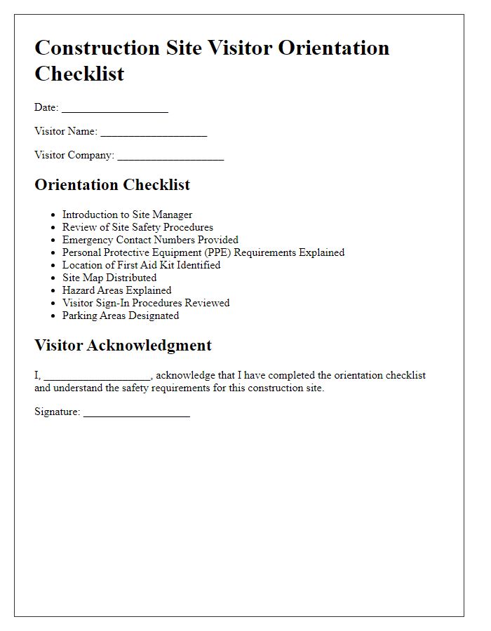 Letter template of construction site visitor orientation checklist.