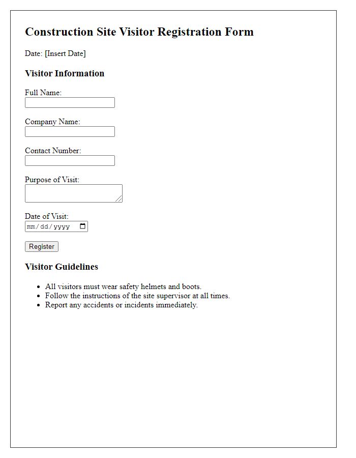 Letter template of construction site visitor registration process.